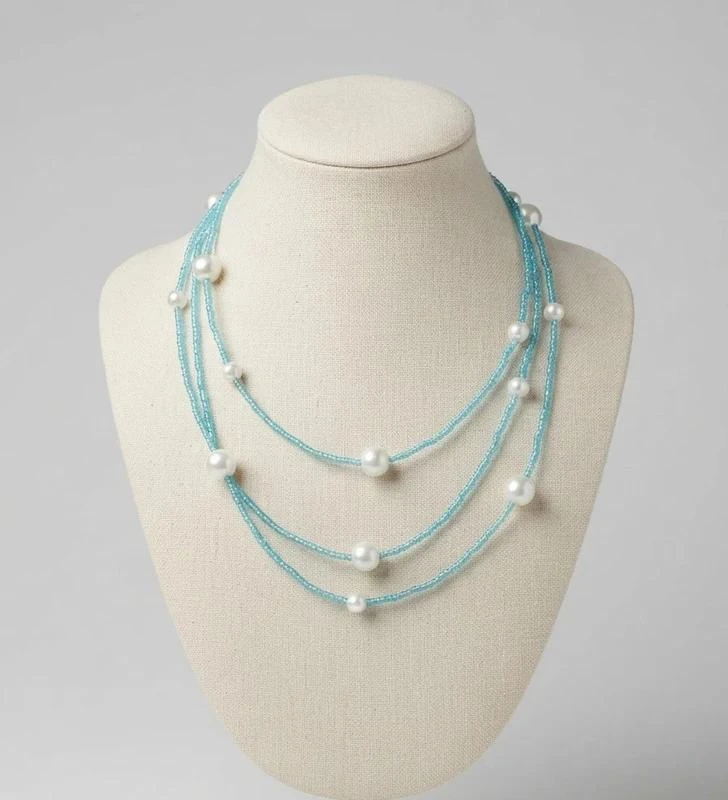 Collar continuo de cuentas azul y blanco - Estilo versátil (75 cm)